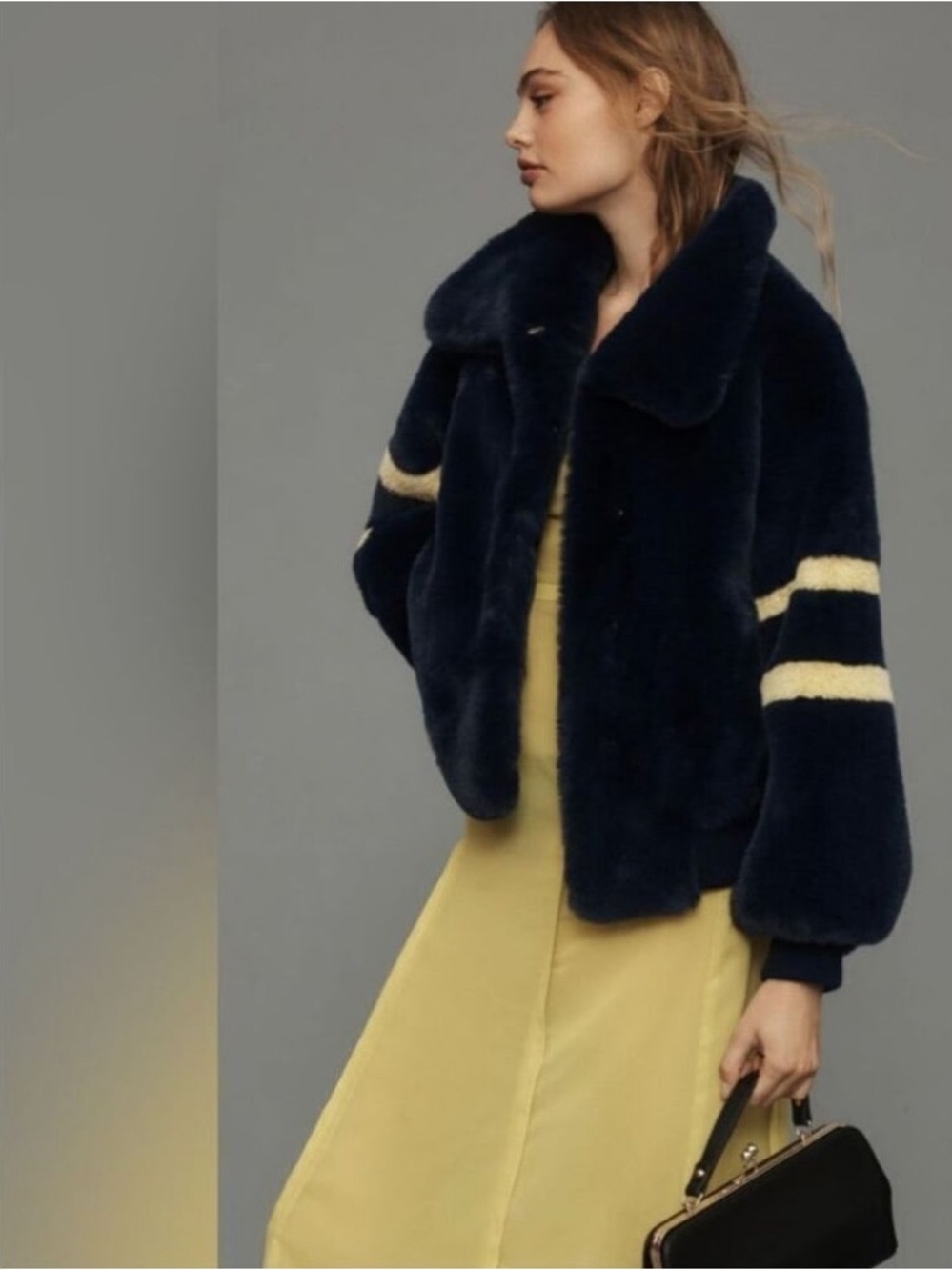 Anthropologie Navy Faux Fur Bomber Jacket with Yellow Stripes